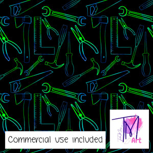 069 Neon Tools on Black - Seamless Pattern (UNLIMITED)